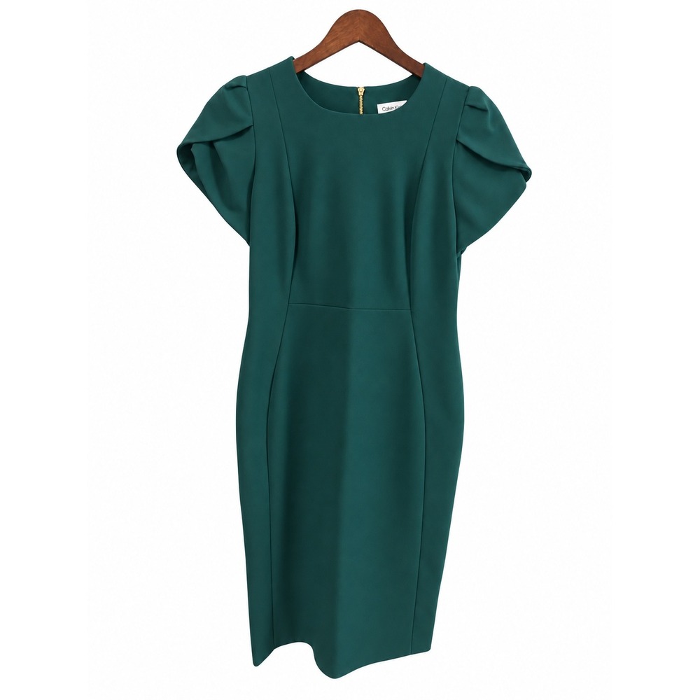 Calvin Klein Sheath Dress Women 12 Green EUC Petal Sleeve Gold Zip Professional